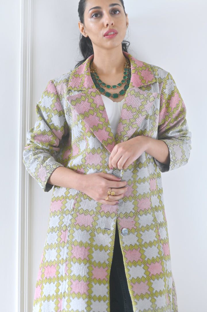 XL, Hilda, Vintage Quilt Long Coat with Brass Buttons, Sustainably Made, Bust 38 Inches - kinchecom