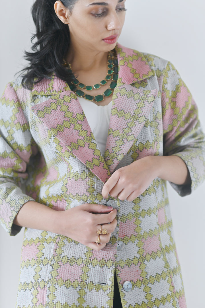 XL, Hilda, Vintage Quilt Long Coat with Brass Buttons, Sustainably Made, Bust 38 Inches - kinchecom
