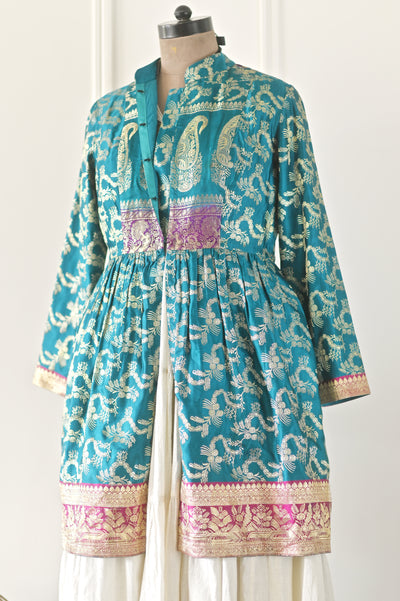 Zara, Handmade Vintage Turquoise Zari Silk Knee Length Coat, Medium