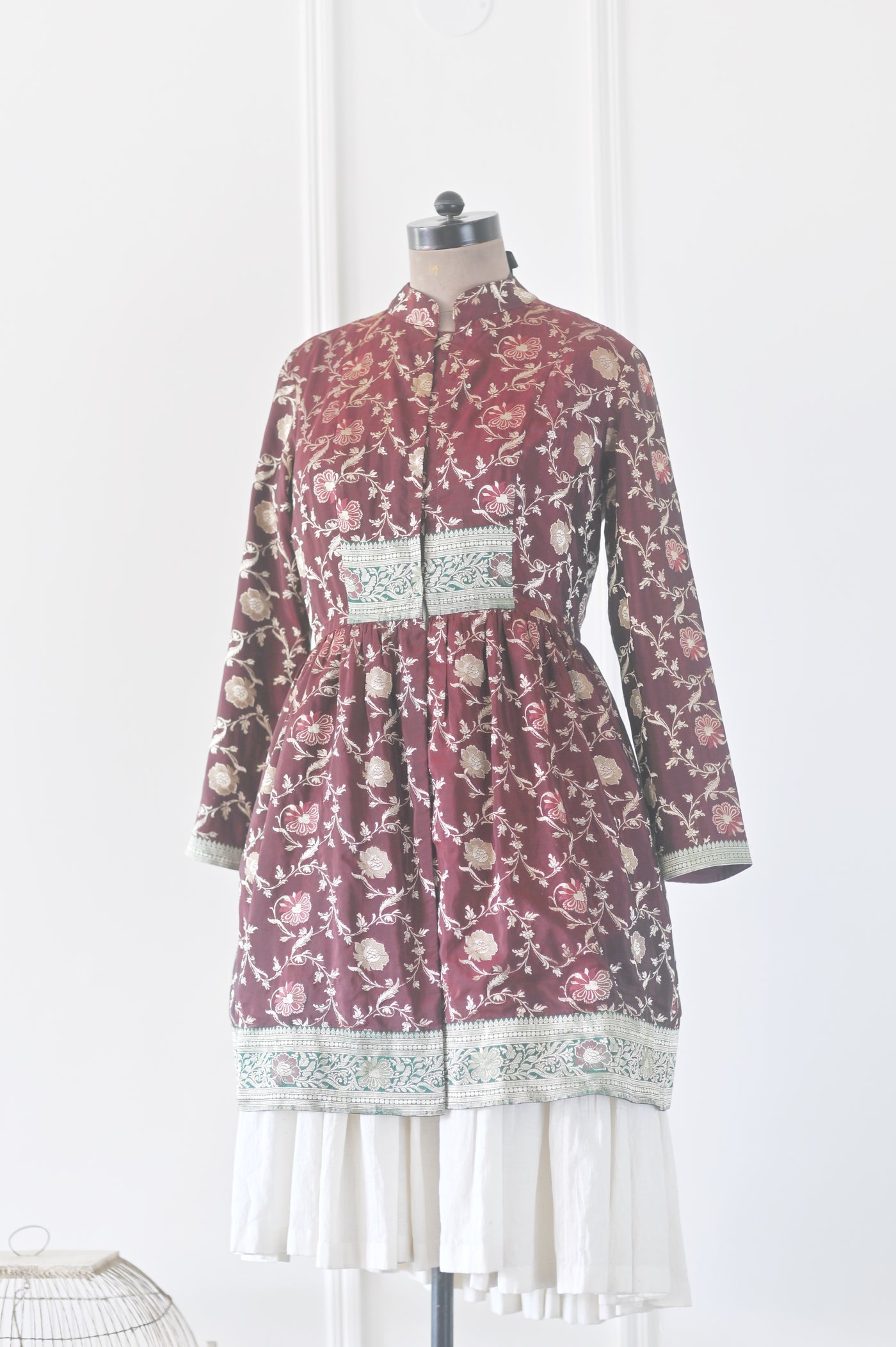 Piku, Size Large vintage Zari Silk Saree Long Coat in Brown, One of a Kind
