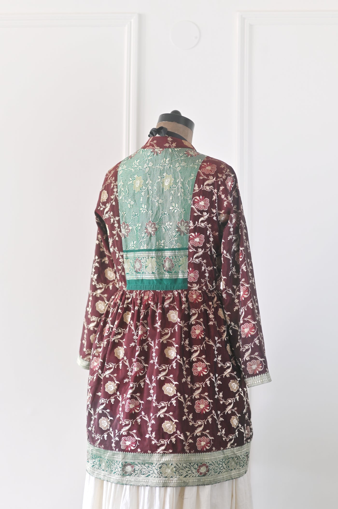 Piku, Size Large vintage Zari Silk Saree Long Coat in Brown, One of a Kind