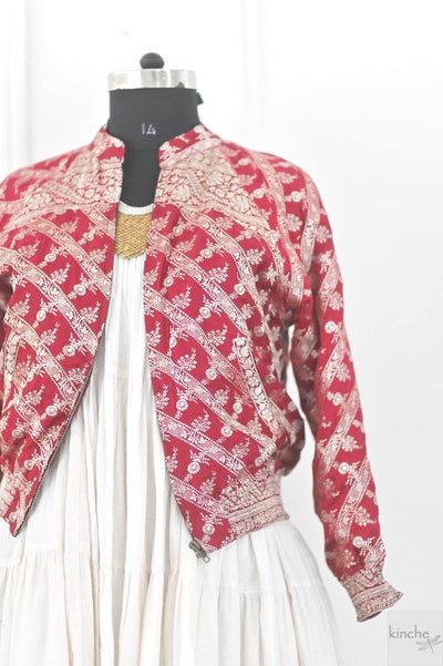 M/L Ebrah, Vintage Silk Saree Bomber Jacket in Deep Red , One of a Kind