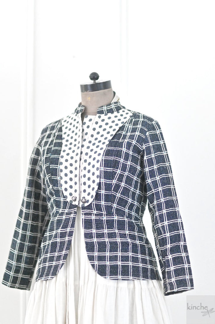 Medium, Maria, Black and White Polka & Check Pattern, Kantha Short Jacket - kinchecom