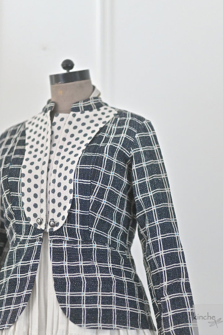 Medium, Maria, Black and White Polka & Check Pattern, Kantha Short Jacket - kinchecom