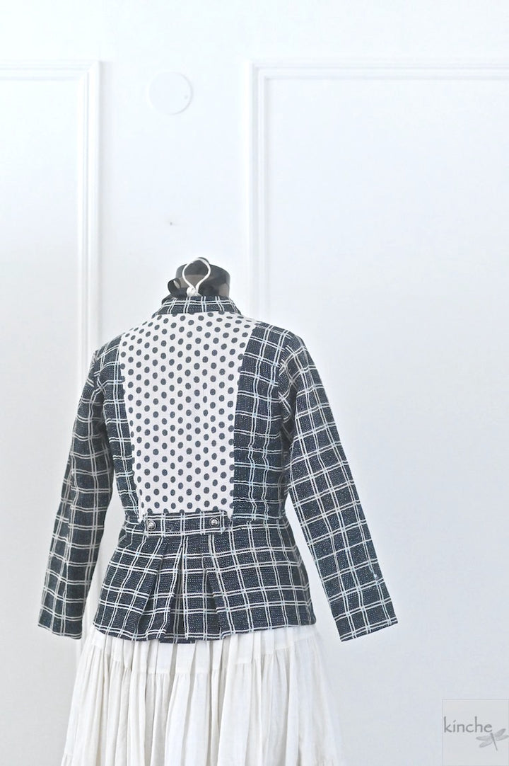 Medium, Maria, Black and White Polka & Check Pattern, Kantha Short Jacket - kinchecom