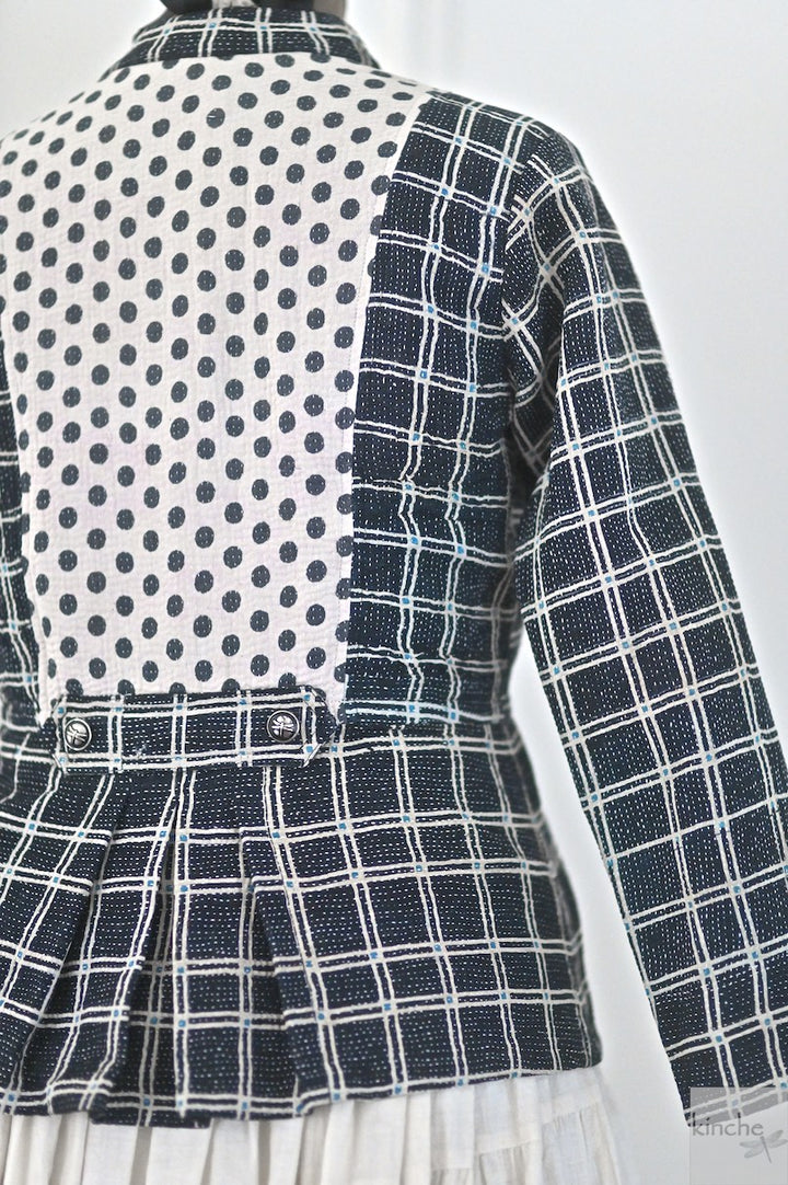 Medium, Maria, Black and White Polka & Check Pattern, Kantha Short Jacket - kinchecom