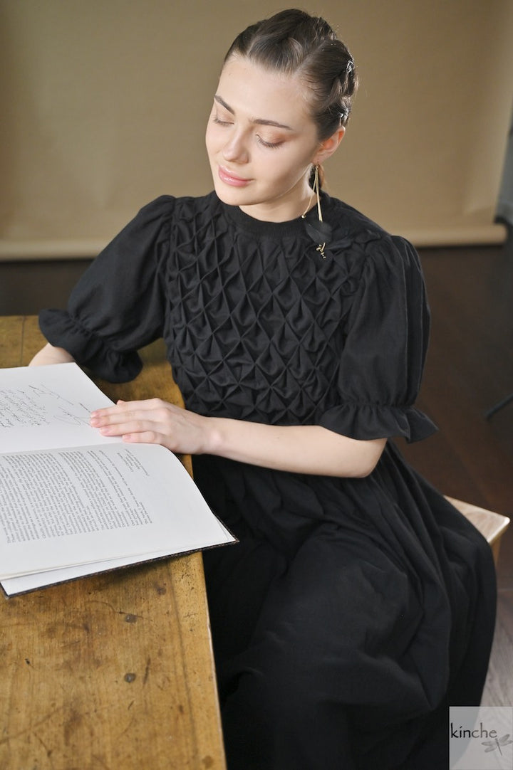 Zinnia Black, Hand Smocked, Khadi Knee lenght Dress, Handmade - kinchecom