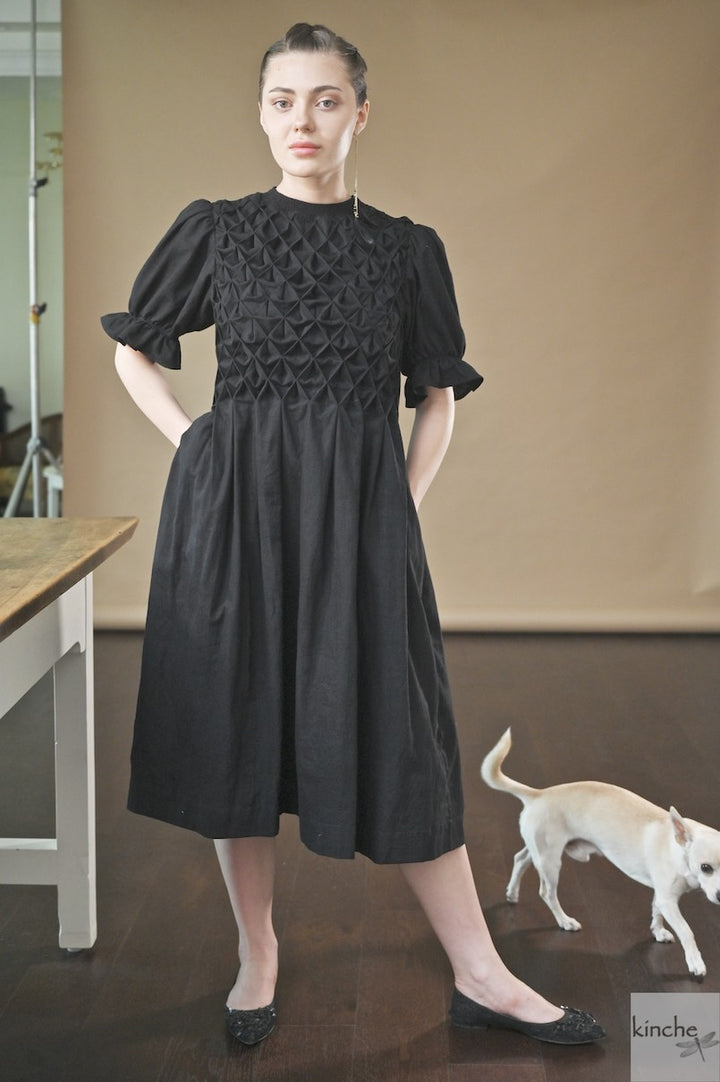 Zinnia Black, Hand Smocked, Khadi Knee lenght Dress, Handmade - kinchecom
