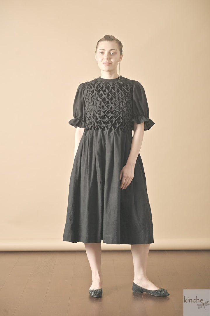 Zinnia Black, Hand Smocked, Khadi Knee lenght Dress, Handmade - kinchecom