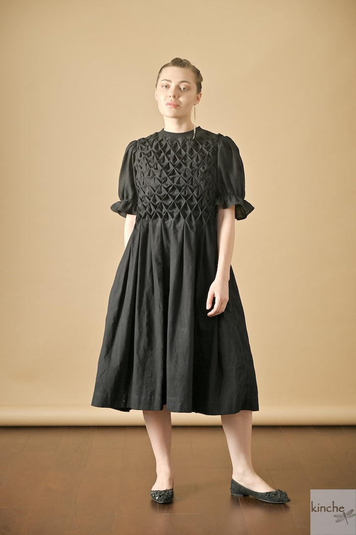 Zinnia Black, Hand Smocked, Khadi Knee lenght Dress, Handmade - kinchecom