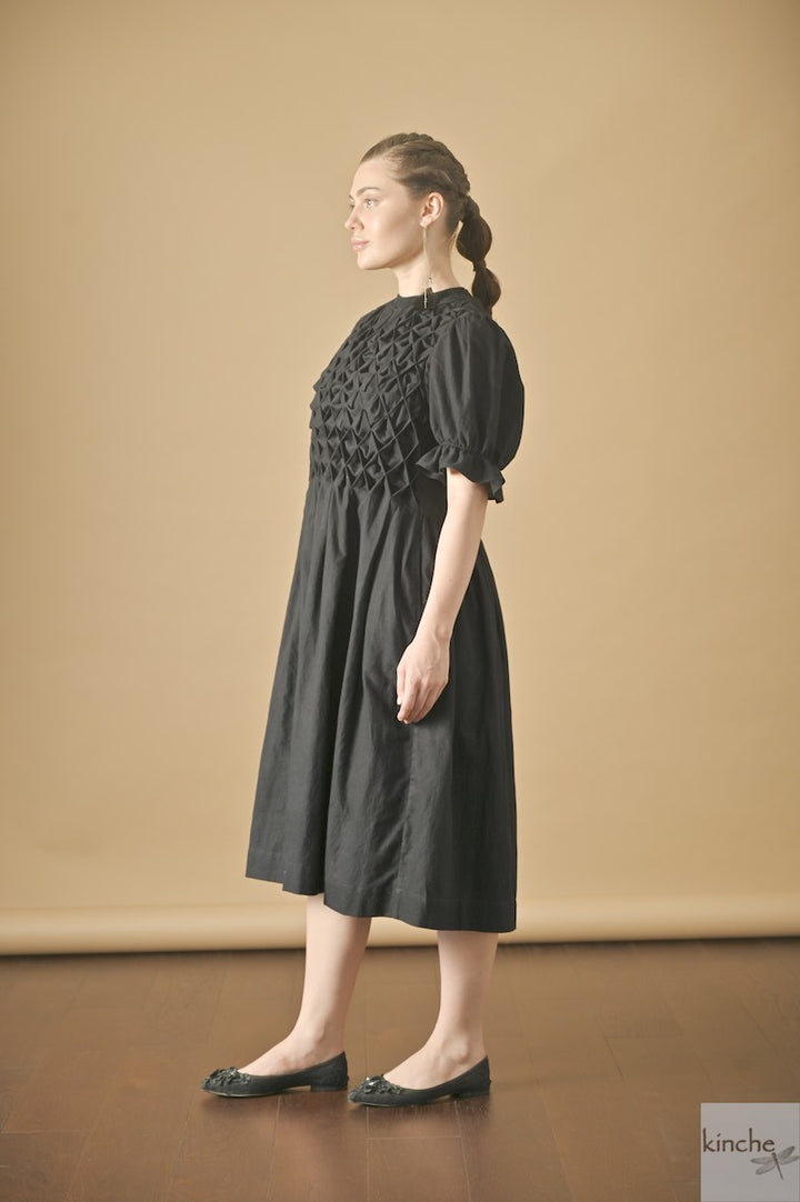 Zinnia Black, Hand Smocked, Khadi Knee lenght Dress, Handmade - kinchecom