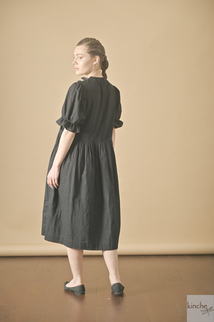 Zinnia Black, Hand Smocked, Khadi Knee lenght Dress, Handmade - kinchecom