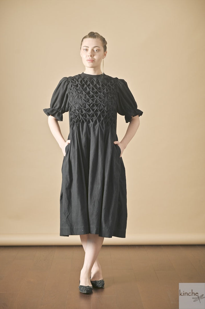 Zinnia Black, Hand Smocked, Khadi Knee lenght Dress, Handmade - kinchecom