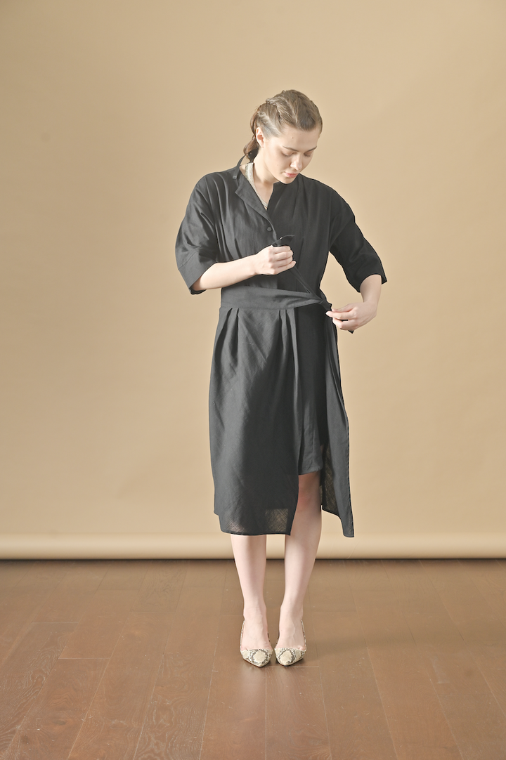 Aster, Khadi  Wrap Shirt Dress in Black - kinchecom