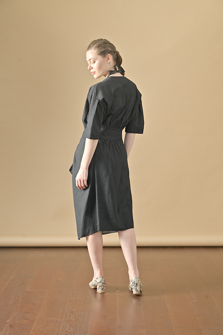 Aster, Khadi  Wrap Shirt Dress in Black - kinchecom