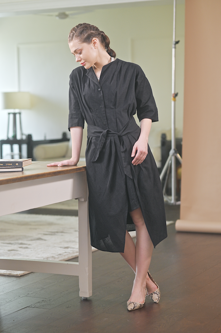 Aster, Khadi  Wrap Shirt Dress in Black - kinchecom