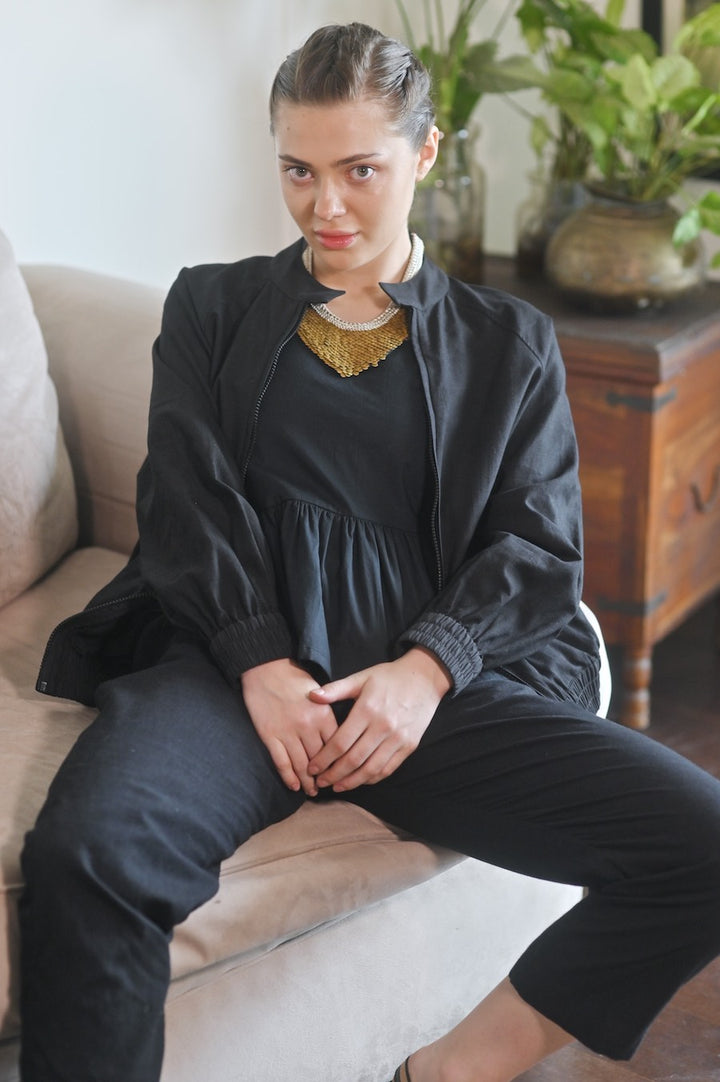 Camellia, Khadi Black Bomber Jacket, Sustainably Made - kinchecom