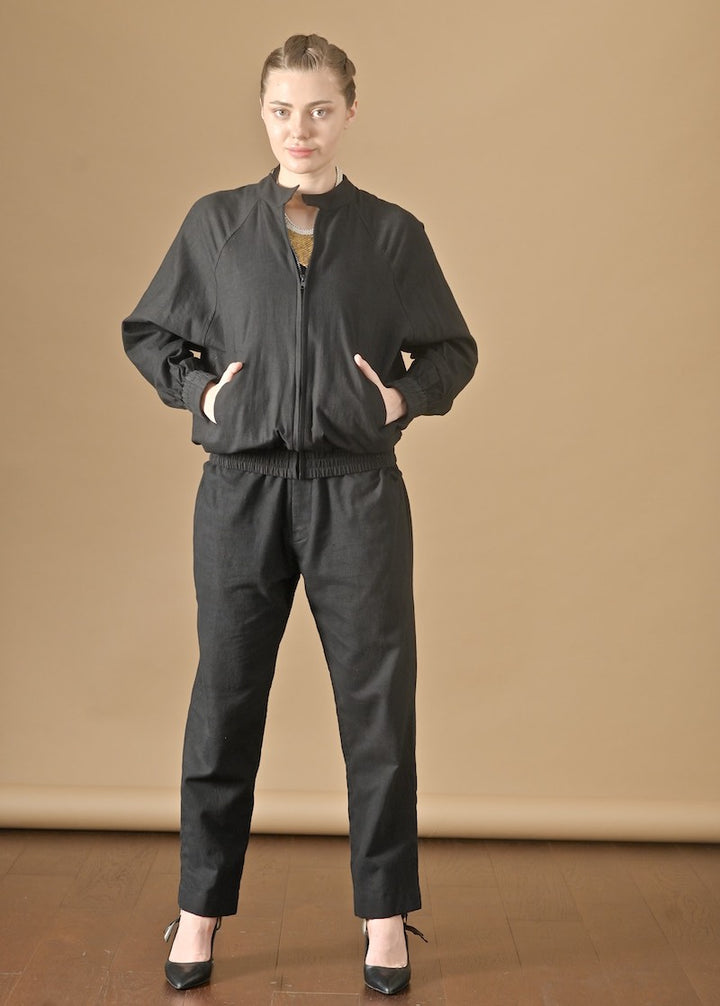 Camellia, Khadi Black Bomber Jacket, Sustainably Made - kinchecom