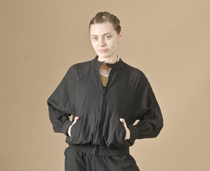 Camellia, Khadi Black Bomber Jacket, Sustainably Made - kinchecom