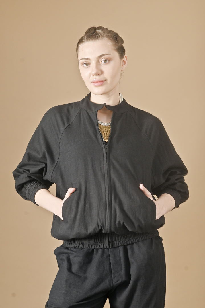 Camellia, Khadi Black Bomber Jacket, Sustainably Made - kinchecom