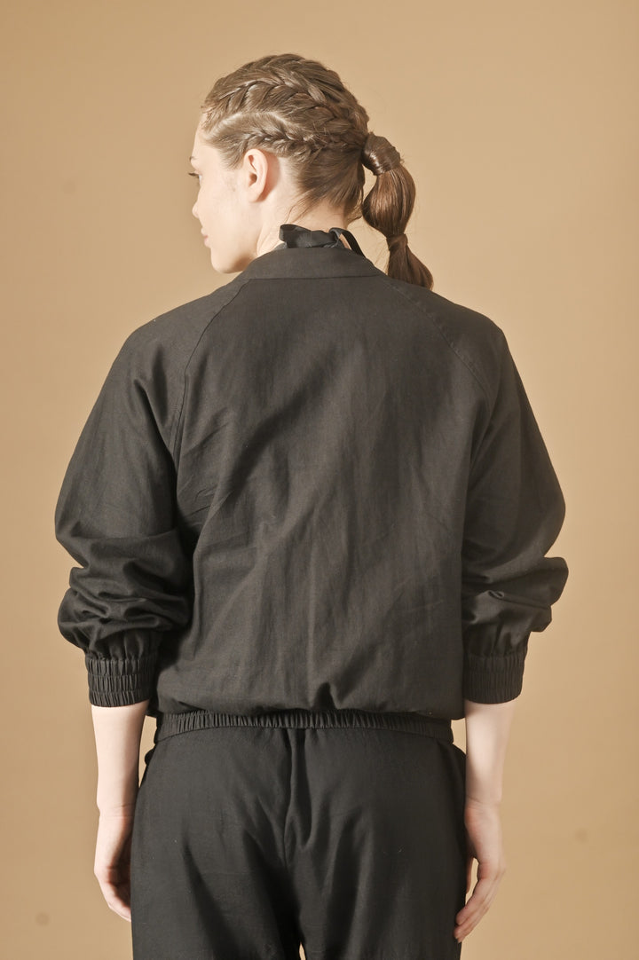 Camellia, Khadi Black Bomber Jacket, Sustainably Made - kinchecom