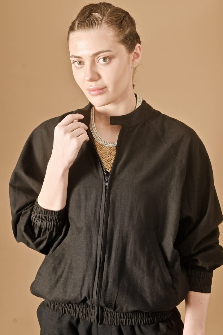 Camellia, Khadi Black Bomber Jacket, Sustainably Made - kinchecom