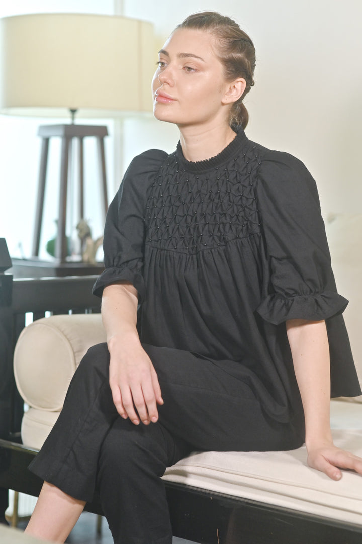 Sia, hand Smocked Khadi Blouse with Puff Sleeves and Black Stone Pearls - kinchecom