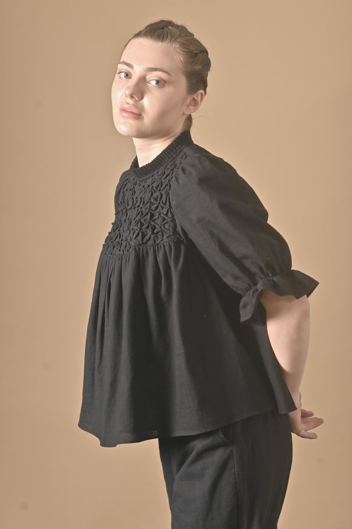 Sia, hand Smocked Khadi Blouse with Puff Sleeves and Black Stone Pearls - kinchecom
