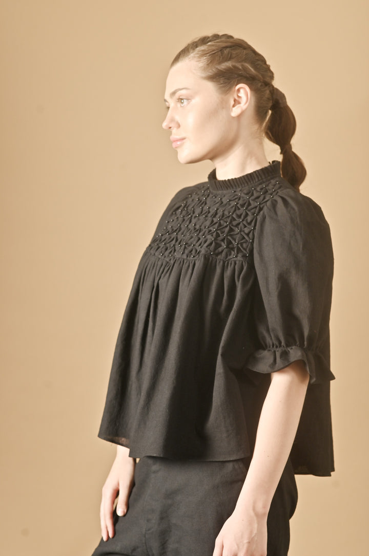 Sia, hand Smocked Khadi Blouse with Puff Sleeves and Black Stone Pearls - kinchecom