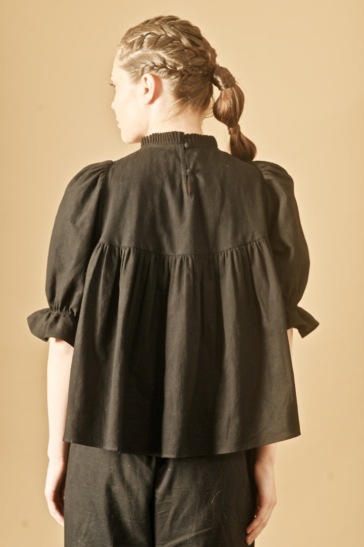 Sia, hand Smocked Khadi Blouse with Puff Sleeves and Black Stone Pearls - kinchecom