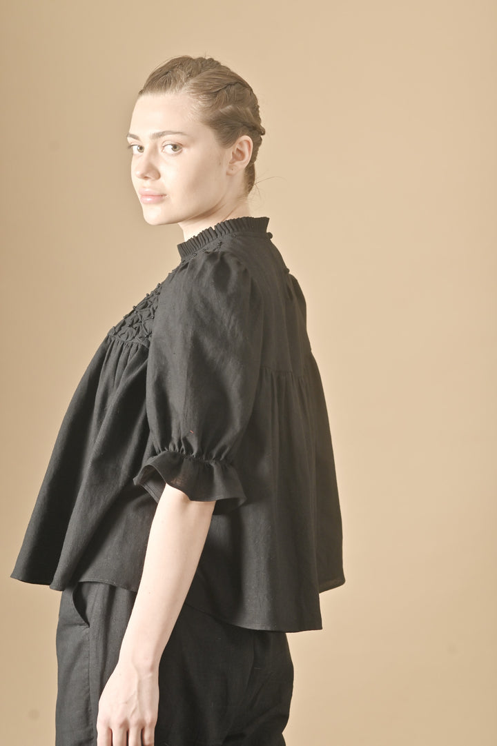 Sia, hand Smocked Khadi Blouse with Puff Sleeves and Black Stone Pearls - kinchecom