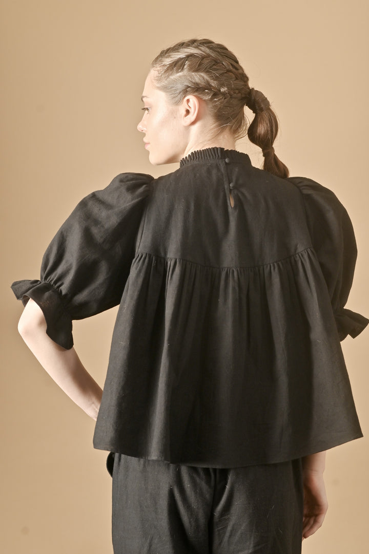 Sia, hand Smocked Khadi Blouse with Puff Sleeves and Black Stone Pearls - kinchecom