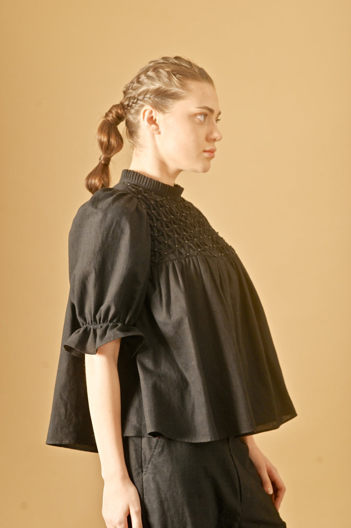 Sia, hand Smocked Khadi Blouse with Puff Sleeves and Black Stone Pearls - kinchecom