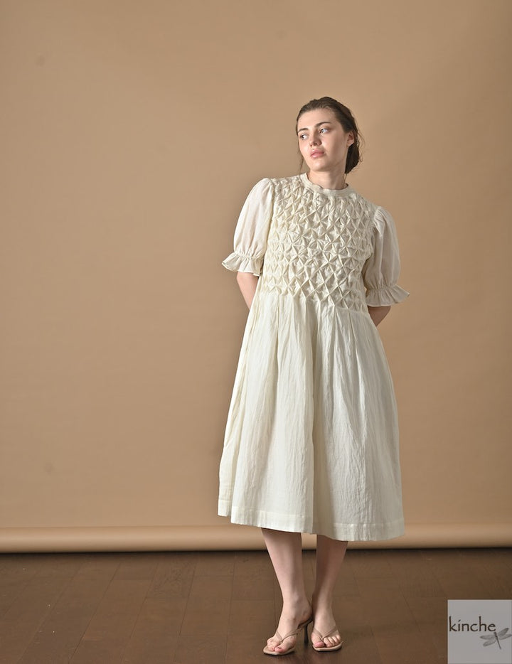 Zinnia Off White, Hand Smocked, Khadi Knee lenght Dress, Handmade - kinchecom