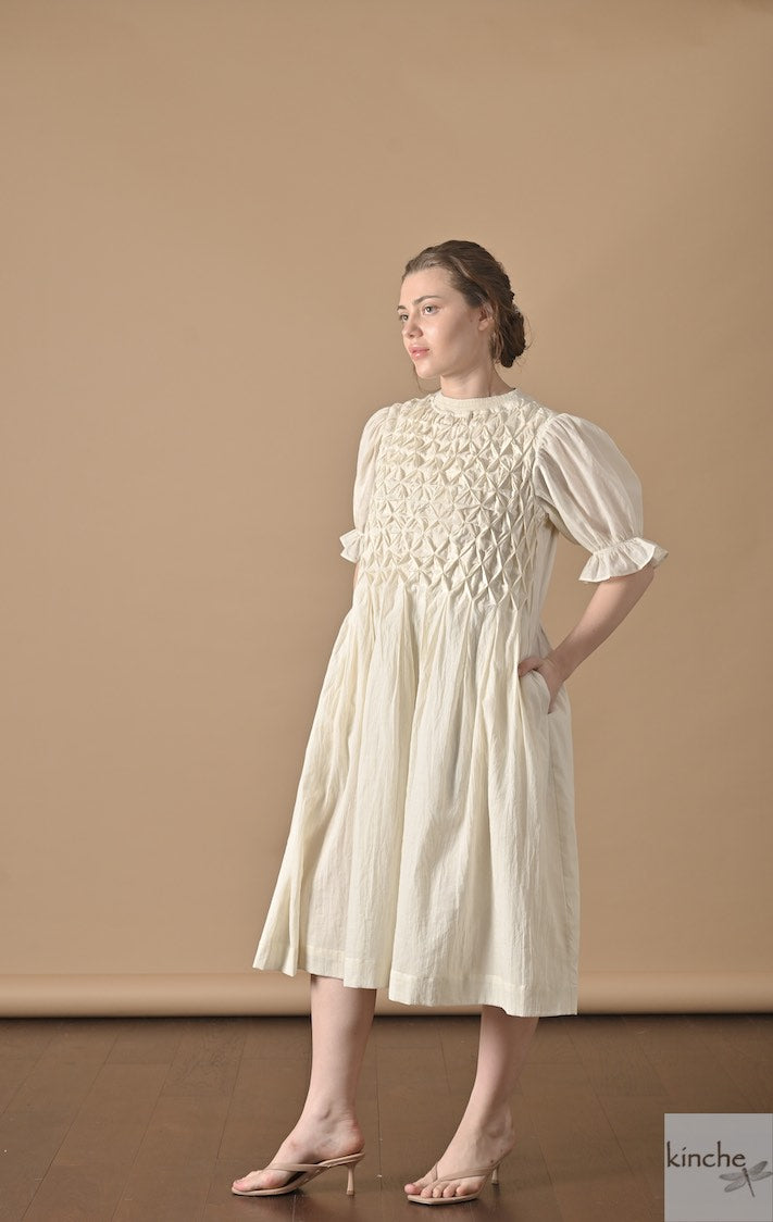 Zinnia Off White, Hand Smocked, Khadi Knee lenght Dress, Handmade - kinchecom