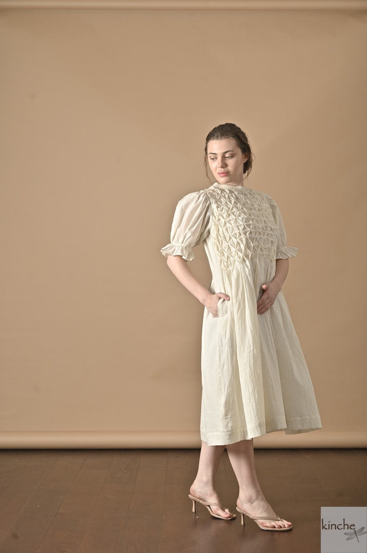 Zinnia Off White, Hand Smocked, Khadi Knee lenght Dress, Handmade - kinchecom
