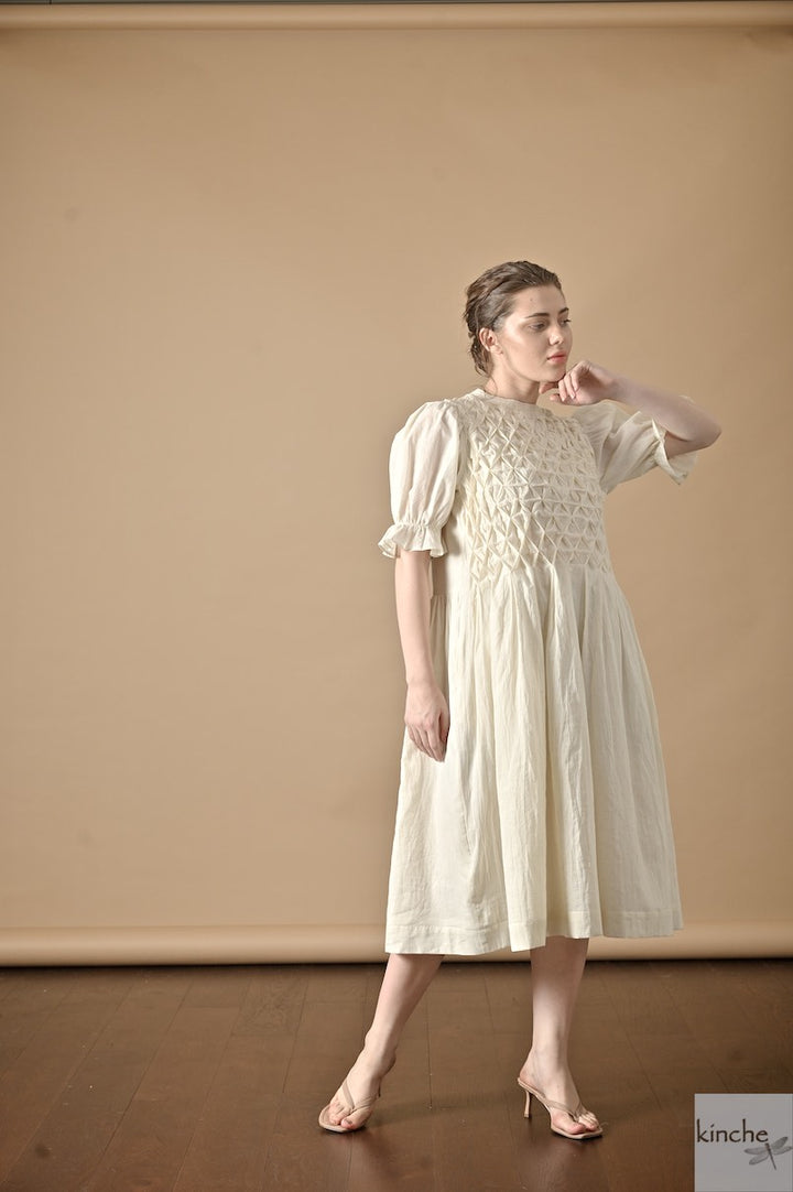 Zinnia Off White, Hand Smocked, Khadi Knee lenght Dress, Handmade - kinchecom