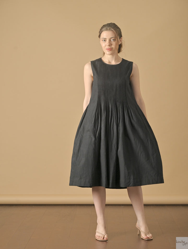Corum Black, Pure Khadi Muslin Pintuck pleats dress - kinchecom