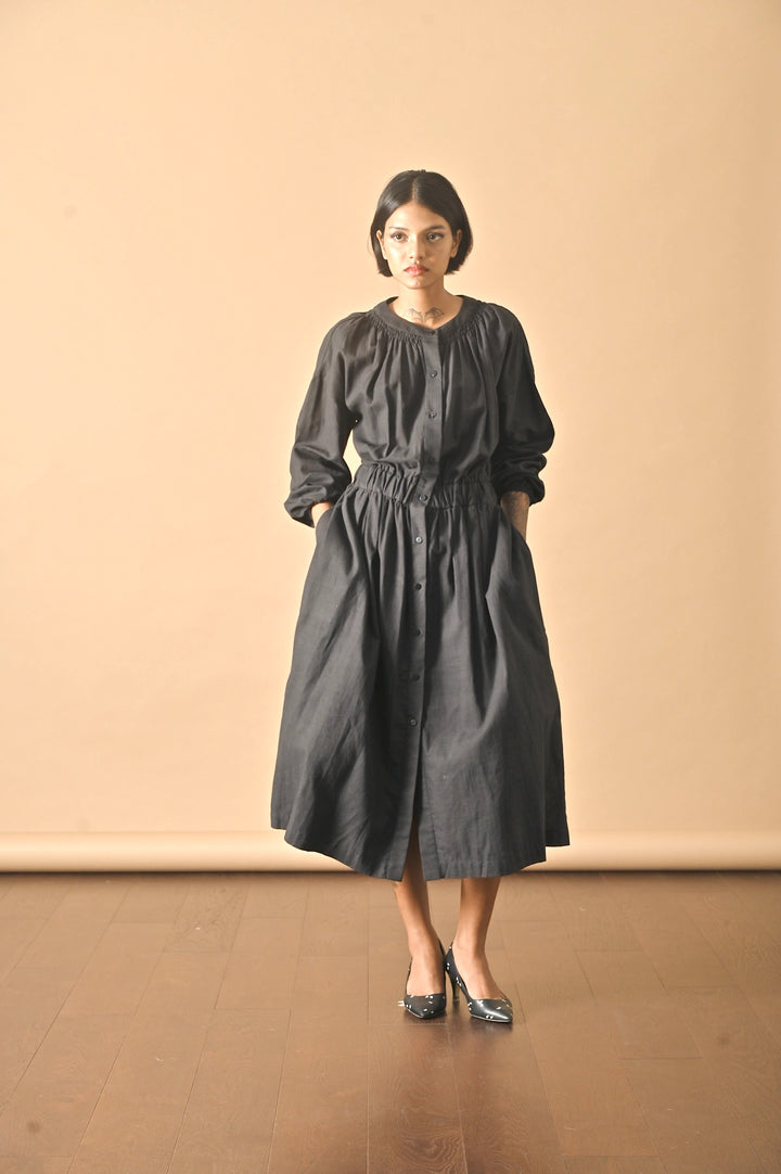 Tulip Black, Smocked Neckline Flared  Dress, Made with Khadi Fabric - kinchecom