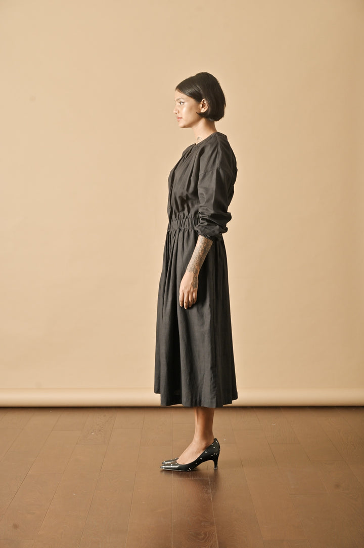 Tulip Black, Smocked Neckline Flared  Dress, Made with Khadi Fabric - kinchecom