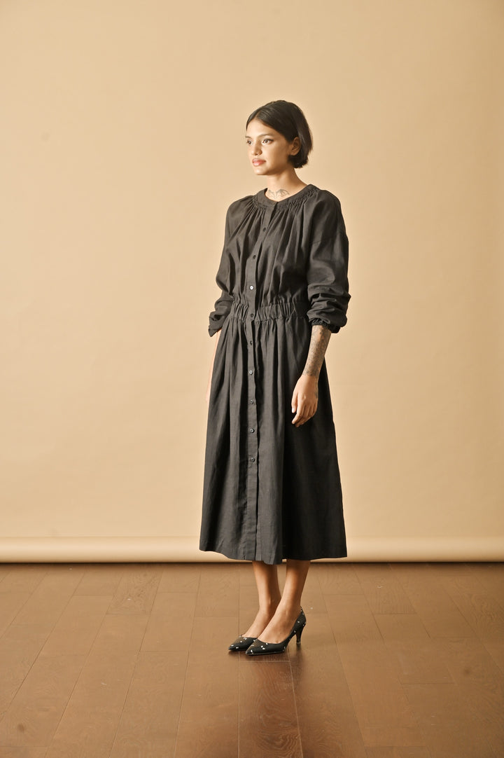 Tulip Black, Smocked Neckline Flared  Dress, Made with Khadi Fabric - kinchecom