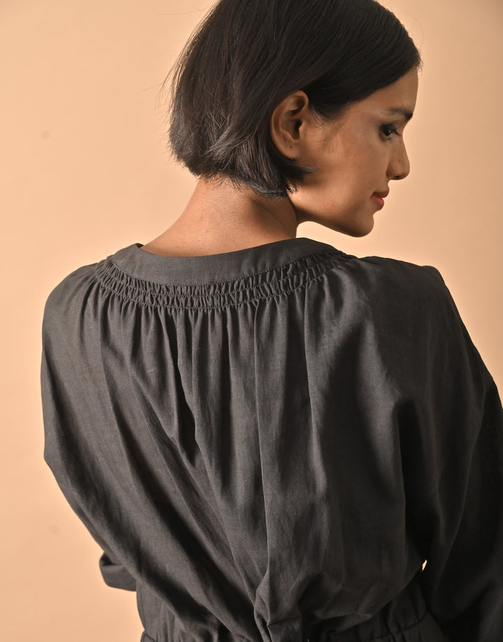 Tulip Black, Smocked Neckline Flared  Dress, Made with Khadi Fabric - kinchecom