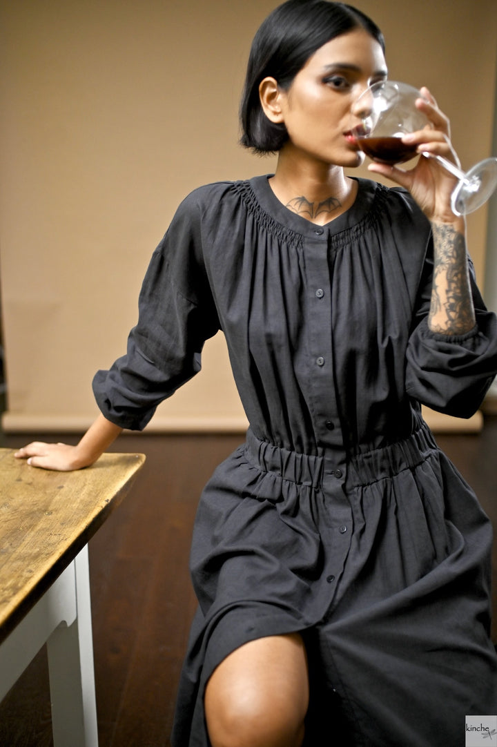 Tulip Black, Smocked Neckline Flared  Dress, Made with Khadi Fabric - kinchecom