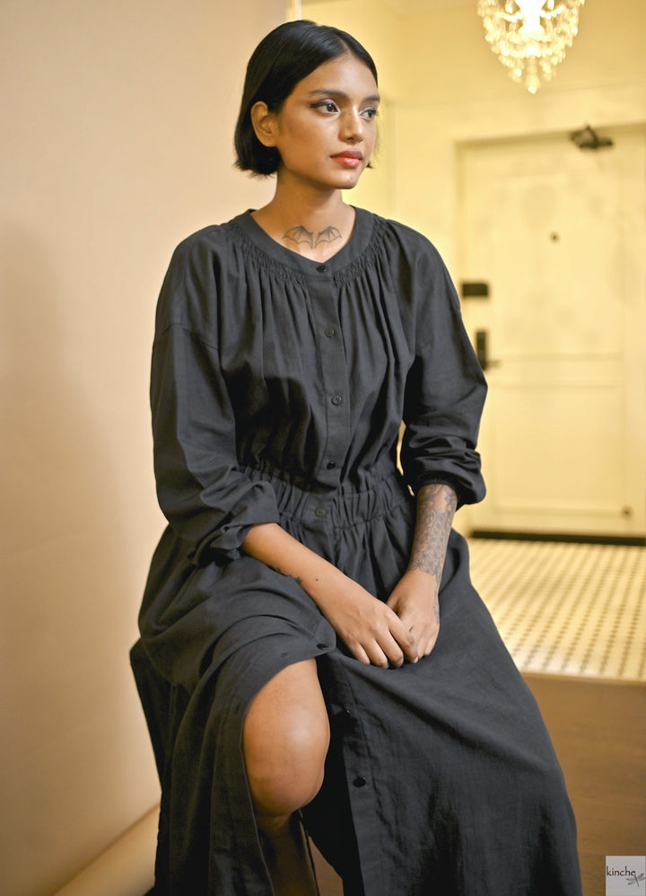 khadi tulip front open smocked shirt dress