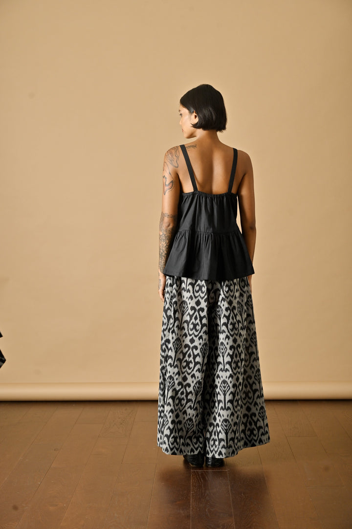 Khieve, Handmade Elastic  Waist, Ikat Weave Flared Pants in Black & Grey