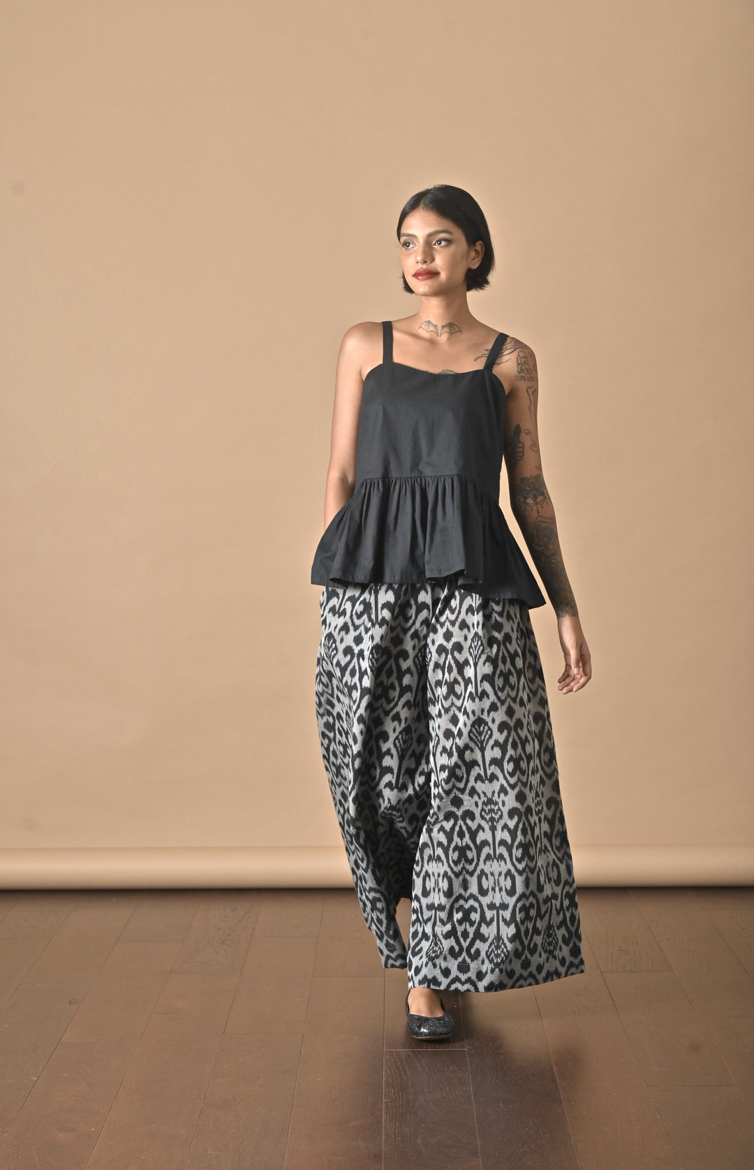 Khieve, Handmade Elastic  Waist, Ikat Weave Flared Pants in Black & Grey