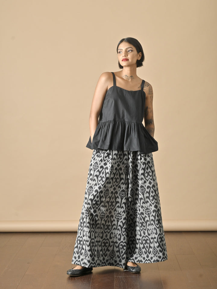 Khieve, Handmade Elastic  Waist, Ikat Weave Flared Pants in Black & Grey