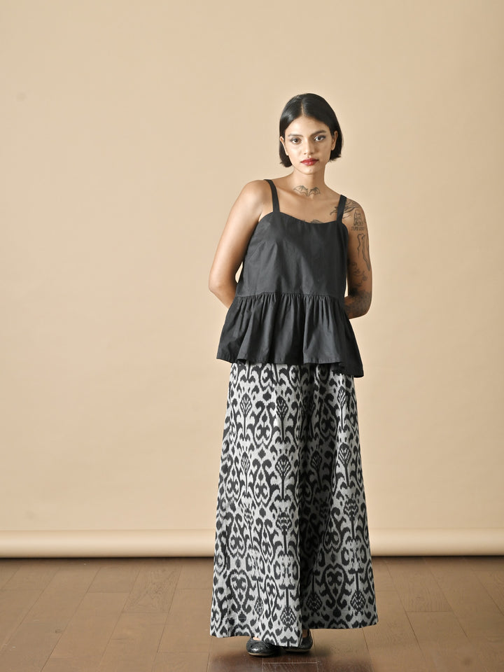 Khieve, Handmade Elastic  Waist, Ikat Weave Flared Pants in Black & Grey