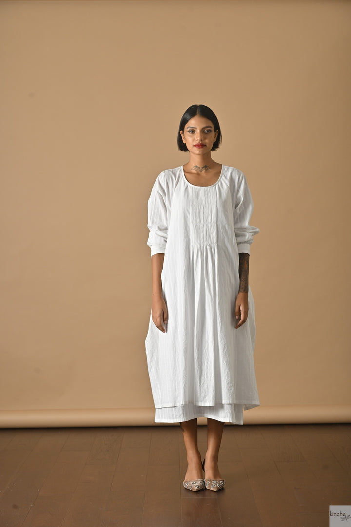 Kyoto, White Khadi Layered Dress, White Stripes - kinchecom