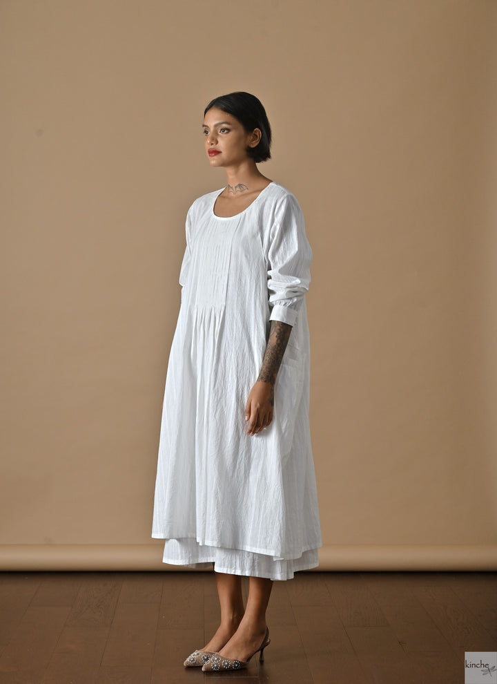 Kyoto, White Khadi Layered Dress, White Stripes - kinchecom